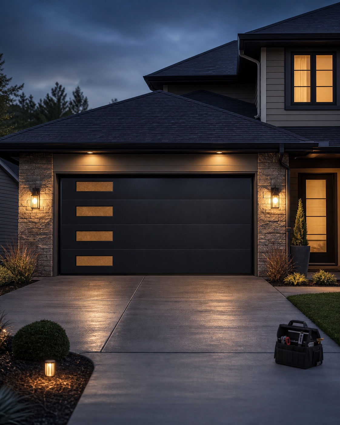 Modern home exterior with a clean garage door installation