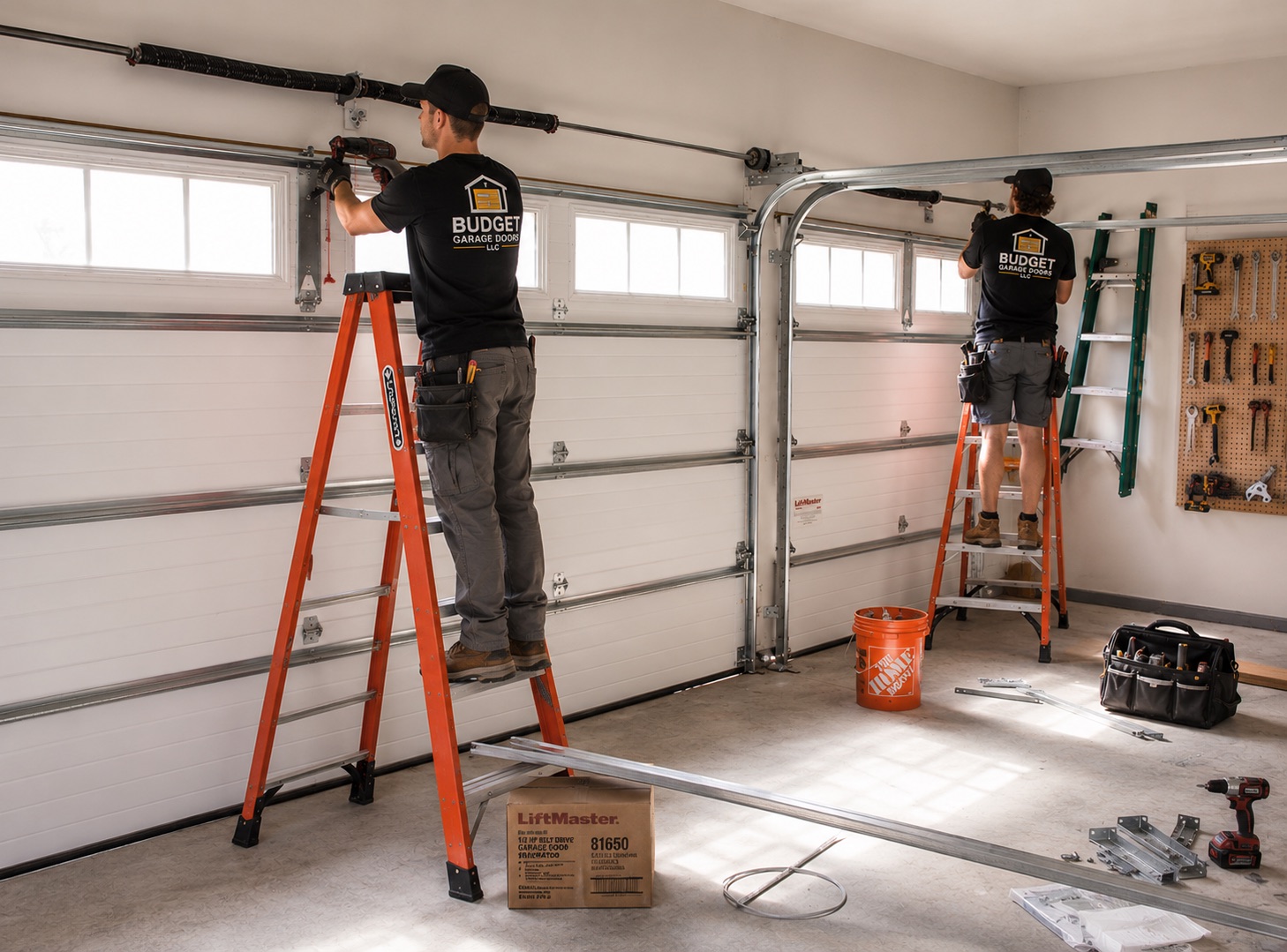 Budget Garage Doors technicians repairing a residential garage door spring and track system